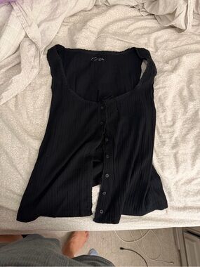aerie Black Ribbed Button-Front Tank